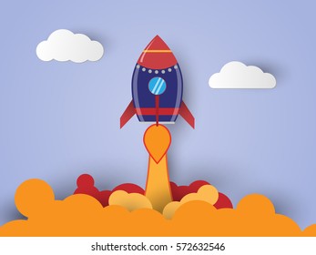 Vector Start up business concept. rocket flying on the air,paper art style.