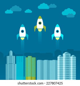 Vector start up concept in flat style - rockets flying over city landscape