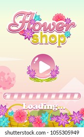 Vector start screen user interface with button, flowers, background and loading bar for flower shop game