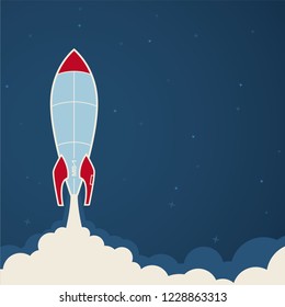 Vector start a space rocket at night. Blue background. Template