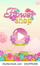 Vector start user interface with button, flowers, background and settings for flower shop game