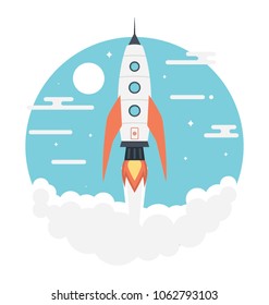 
Vector startup. Flat style icon of rocket launch on blue sky with clouds 
