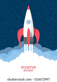 Vector startup illustration. Rocket ship launch on blue background with stars and clouds. Space travel in a flat style.