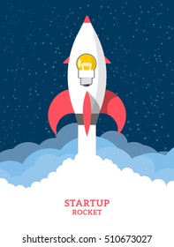 Vector startup illustration. Rocket ship launch on blue background with stars and clouds. Space travel in a flat style.