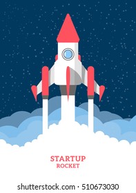 Vector startup illustration. Rocket ship launch on blue background with stars and clouds. Space travel in a flat style.