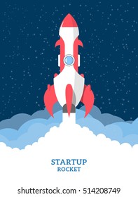 Vector startup illustration. Rocket ship launch on blue background with stars and clouds. Space travel in a flat style.