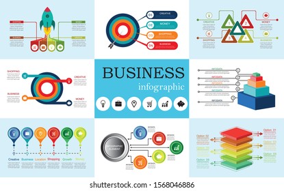 Vector startup info graphics, diagram chart, graph and presentation. Business report with 4, 5, 6 and 7 options, parts, steps processes. Puzzle, circles, target, pyramid, map and timeline