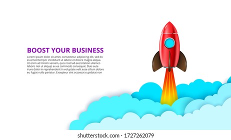 Vector startup infographic with red rocket and clouds. Boost your business illustration.