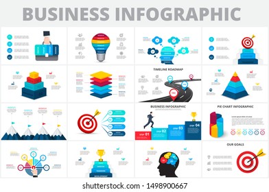 Vector startup infographics, diagram chart, graph and presentation. Business report with 4, 5 and 6 options, parts, steps processes. Lightbulb, circles, target, pyramid and timeline.