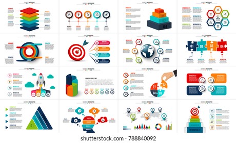 Vector startup infographics, diagram chart, graph and presentation. Business report with 4, 5, 6 and 7 options, parts, steps processes. Puzzle, circles, target, pyramid, map and timeline.