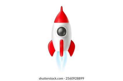 Vector startup realistic illustration of red color spaceship icon with fire isolated on white background. 3d cartoon style concept design of toy space rocket launch. Shuttle takeoff, business startup