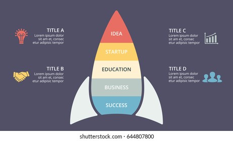 Vector startup rocket infographic, growth diagram chart, performance graph presentation. Business progress concept with 4 options, parts, steps, processes. 16x9 dark slide template.