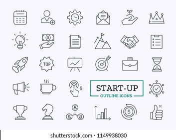 Vector Startup Thin Line icons. Outline Symbol design of idea, innovation, leadership, success, decision, data, marketing for web.