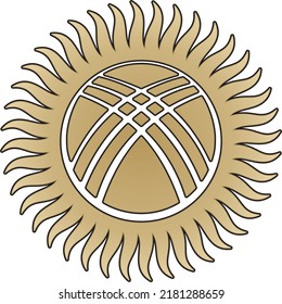 Escudo de armas dorado del estado vectorial de la República de Kirguistán. Señal nacional negra de Kyzgyz. Orgullo y símbolo del estado. Sol y shanyrak.