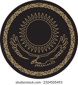 Vector state monochrome coat of arms of the Republic of Kazakhstan. Gold national sign Kazakh. Pride and symbol of the state. Sun and golden eagle.