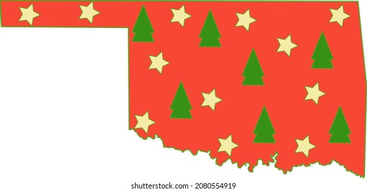  vector of state of Oklahoma USA Christmas - Red State Map with Christmas Trees and Stars on transparent background