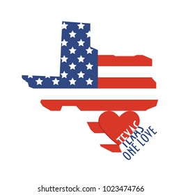 Vector for State of Texas promotion. Map, flag, heart shape and text Texas One Love.