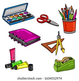 Vector stationary equipment. Watercolor, scissors, pen holder, notebook, ruler and compass, colorful marker pens, tape cutter.