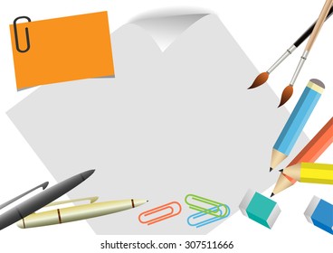 Vector  Stationary office colour pencils ,pen, paintbrush isolated on white paper background.