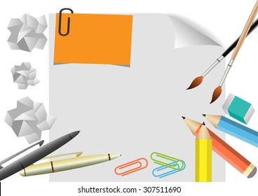 Vector  Stationary office colour pencils ,pen, paintbrush isolated on white paper background.