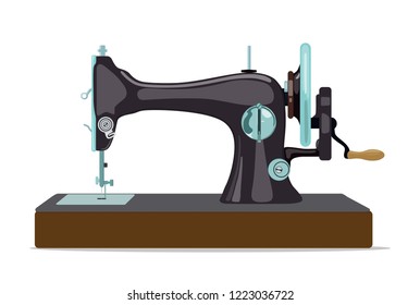 Vector stationary sewing machine icon with hand disc on white background. Sewing and knitting as a hobby.