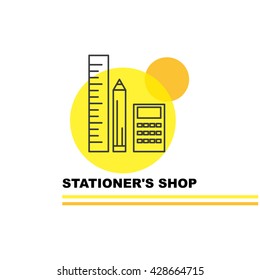 Vector stationer's shop logo isolated on white background. Artistic simple design concept. Flat logo for stationer's shop, card, net work, illustration, education, school tool, banner.