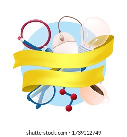 Artículos de papelería de vectores con elementos científicos, lupa, ratón de computadora, tazón de café, lápiz, bombilla, gafas y cinta amarilla aislados en fondo blanco