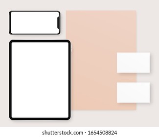 Vector stationery mockup with Paper, Business card, Smartphone and Tablet. Branding stationery mockup scene. Realistic vector illustration. 