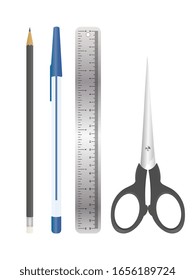 Vector stationery set. Pen, simple pencil with eraser, metal ruler, scissors.