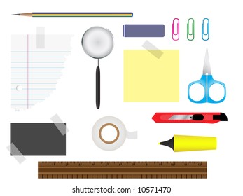 Vector - Stationery set with various writing equipment.