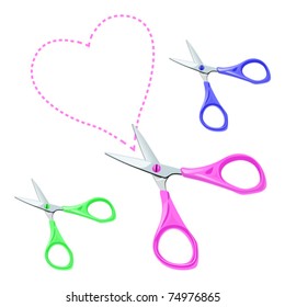 vector stationery short scissors with pink, blue and green plastic handle cut out the contour of the heart