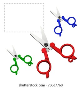 vector stationery short scissors with red, blue and green plastic handle cut out the contour of the heart
