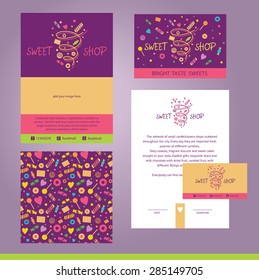 Vector stationery template design for cafe, shop, confectionery. Documentation for business, logo design, corporate style. Sweet shop. Design element.