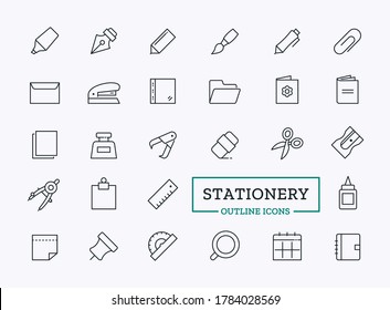 Vector stationery thin line icons with signs of sticker, file, envelope, push pin, marker, scissors, pen, ruler, pencil sharpener, stapler, ink