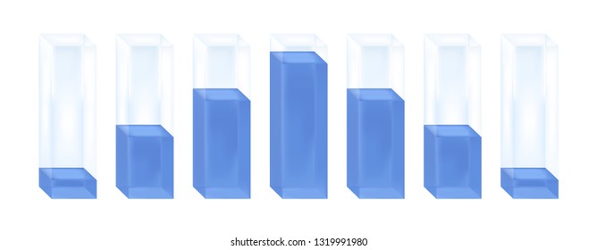 Vector statistical illustration of histogram. Glass columns with blue liquid characterizing the normal distribution or Gaussian distribution. Percentage increase and decrease. Isolated on white.