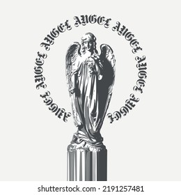 Vector statue of a grieving angel. Black and white illustration, on a T-shirt, clothes, fabric.