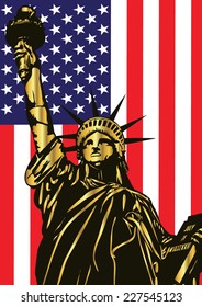 Vector Statue Of Liberty And American Flag