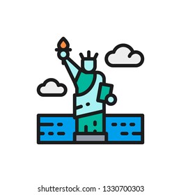 Vector Statue of Liberty, USA, landmark flat color line icon.