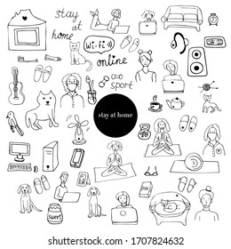 vector "stay at home" doodle set