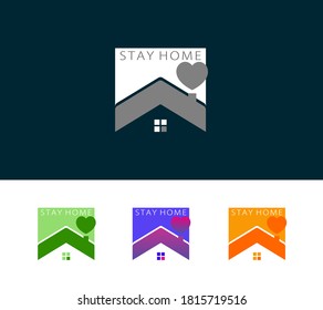 Vector Stay Home Logo Design Template - House with heart. Home Quarantine Symbol