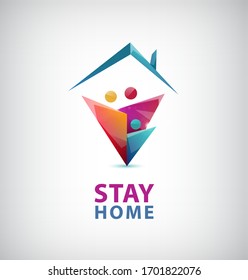 Vector stay home logo. Family sitting home. Quarantine or self-isolation. Health care concept. coronavirus, global viral epidemic or pandemic. 