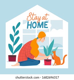 Vector stay at home quarantine illustration with a woman plant a flower with her cat alone in home isolated to protect virus. 
