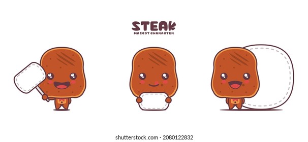 vector steak cartoon mascot, with blank board banner, isolated on a white background.