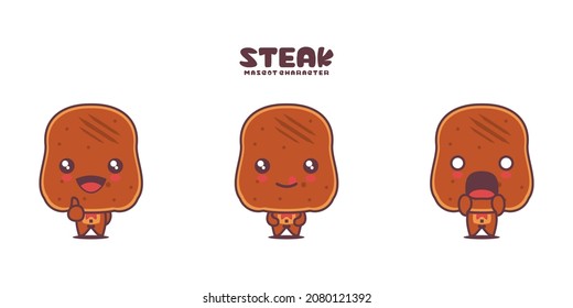 vector steak cartoon mascot, with different expressions, isolated on a white background.