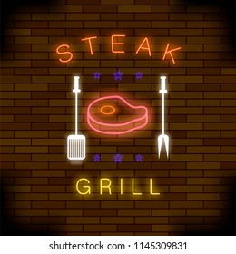 Vector Steak Grill Neon Colorful Sign on Dark Brick Background
