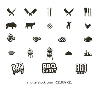 Vector Steak house and grill silhouette textured icons. Black shapes isolated on white background. Included grill equipment, tools, elements and typography signs - bbq party concept and other