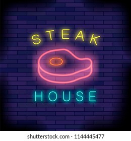 Vector Steak House Neon Colorful Sign on Dark Blue Brick Background