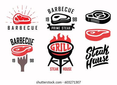 vector steak house typography labels and grill emblems