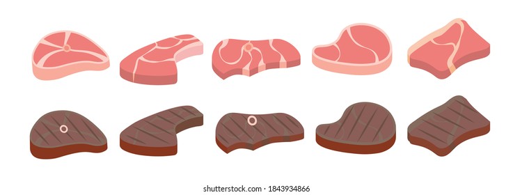 Vector steak icons set. Degrees of steak doneness. Cartoon set of steak