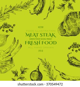 vector steak meat hand drawing with pepper and rosemary. detailed ink food illustration